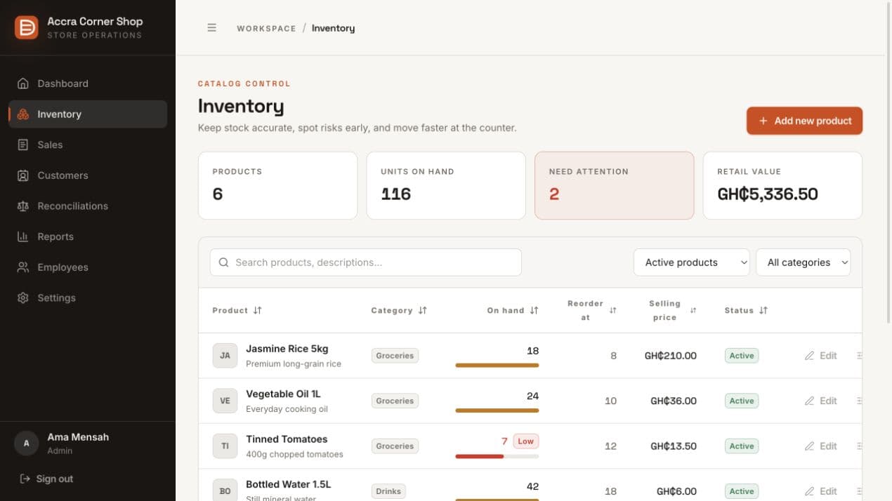 DeepShelf inventory screen showing products, quantities, reorder levels, and prices