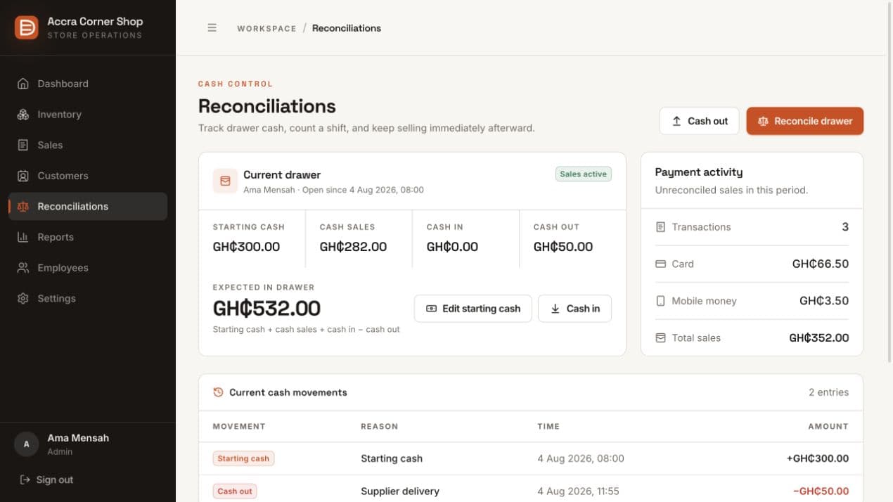 DeepShelf reconciliation screen showing expected cash and payment activity