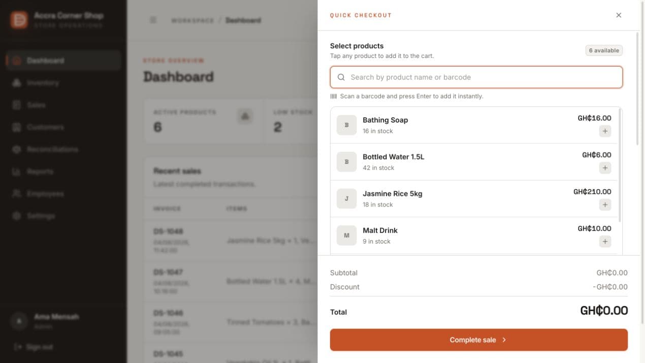 DeepShelf quick checkout drawer with searchable products and cart totals
