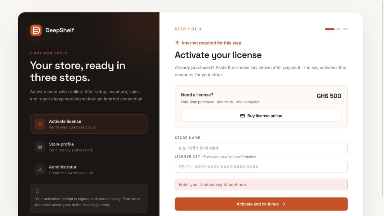 DeepShelf first-run setup screen showing license activation